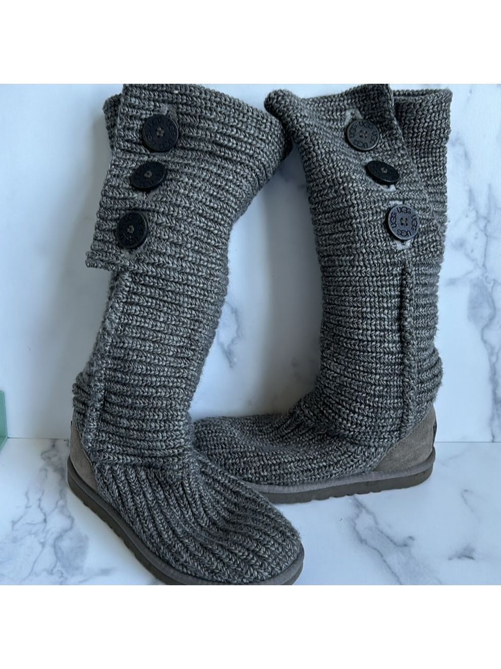 UGG Classic Cardy Gray Chunky Cable Sweater Boot Size 5